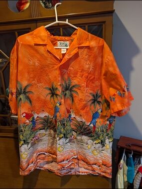 Ky's Hawaiian Shirt Orange Parrots Surf Honu Cotton Size Mens  XXL